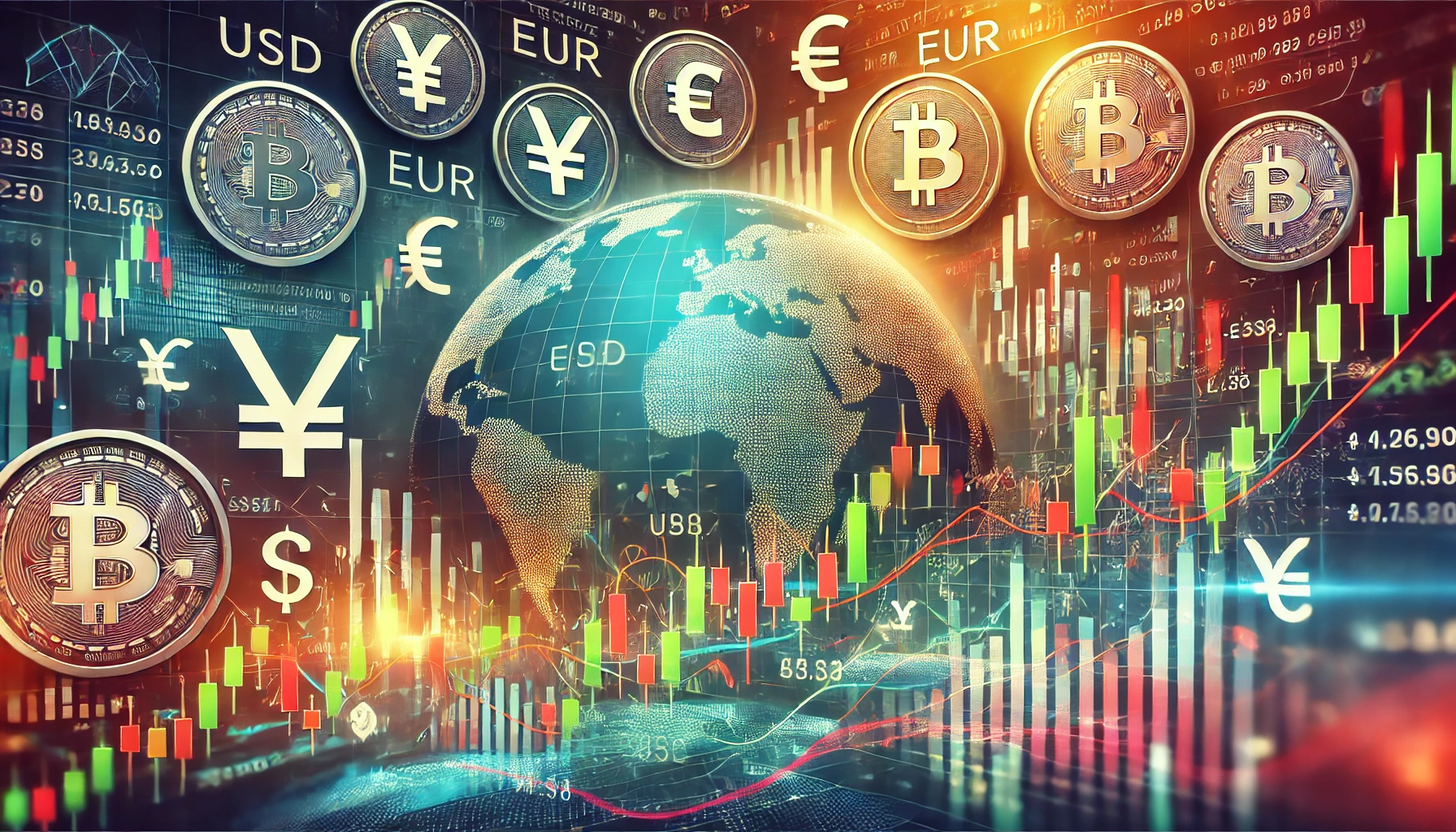 تحركات العملات الرئيسية مثل الدولار الأمريكي واليورو والبيتكوين مع مخططات الشموع ورسوم بيانية لأسعار الصرف