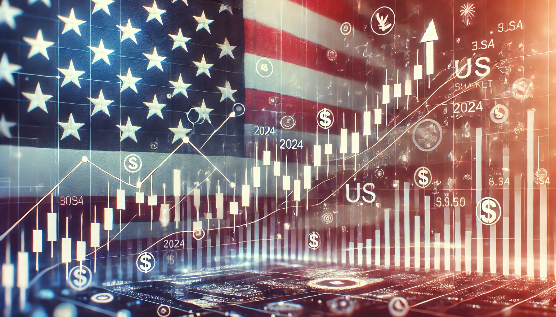 توضح أداء سوق الأسهم الأمريكي في عام 2024، مع مخططات الشموع ورسوم بيانية تصاعدية وأيقونات القطاعات الكبرى مثل التكنولوجيا