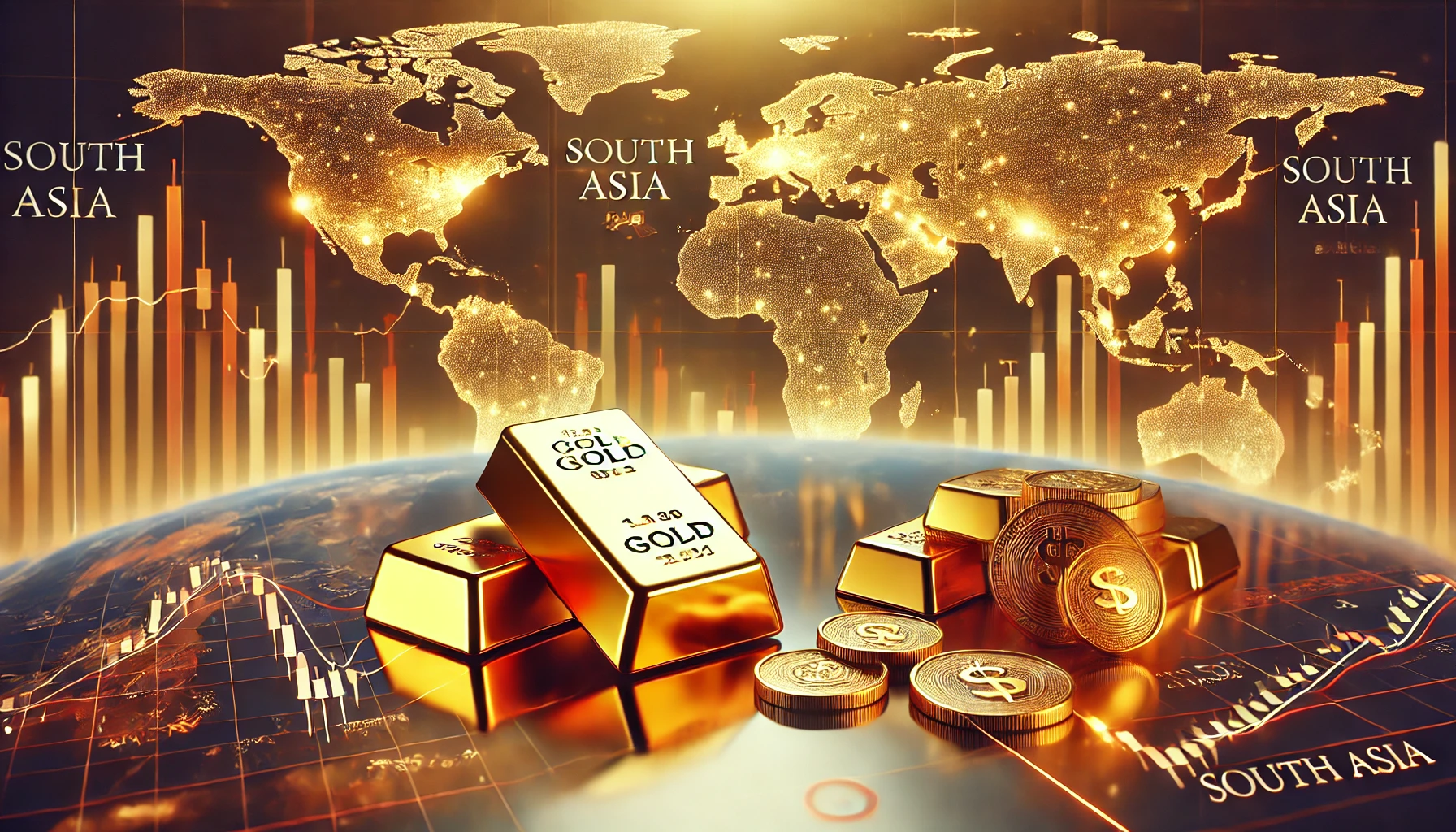 سبائك وعملات ذهبية على سطح عاكس مع رسوم بيانية وشاشات تعرض تحركات الأسواق وخريطة توضح جنوب آسيا وأوروبا