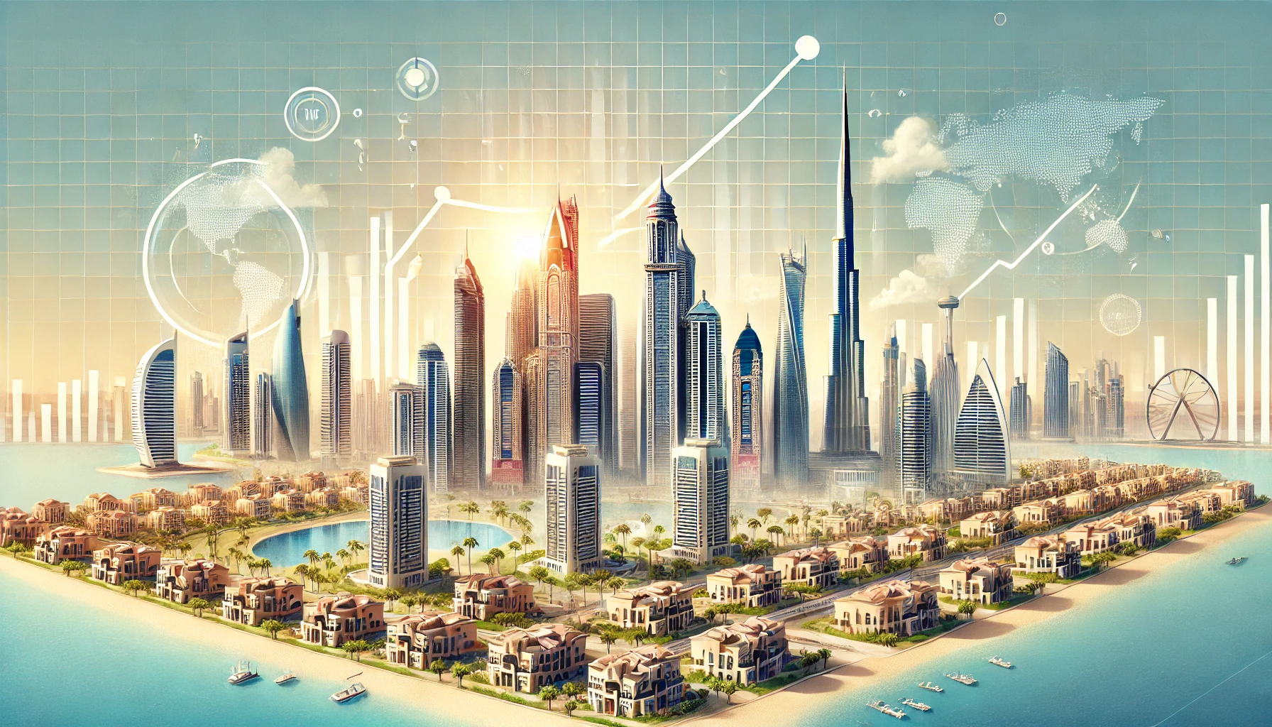 سوق العقارات في الإمارات، مع معالم بارزة مثل برج خليفة وفيلات نخلة جميرا، ورسوم بيانية تعكس نمو السوق العقاري