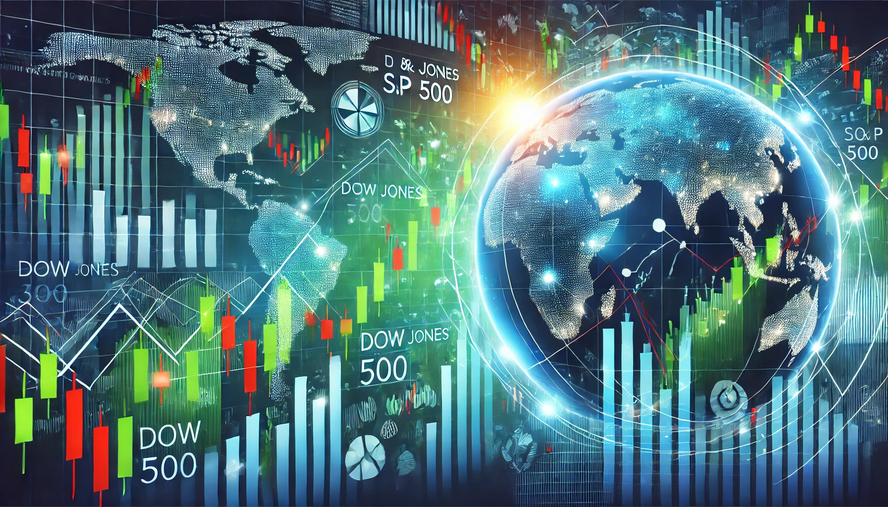 تحركات الأسهم العالمية مع رسوم بيانية صاعدة، مؤشرات داو جونز وستاندرد آند بورز 500، وخلفية تعكس الاتصال العالمي."
