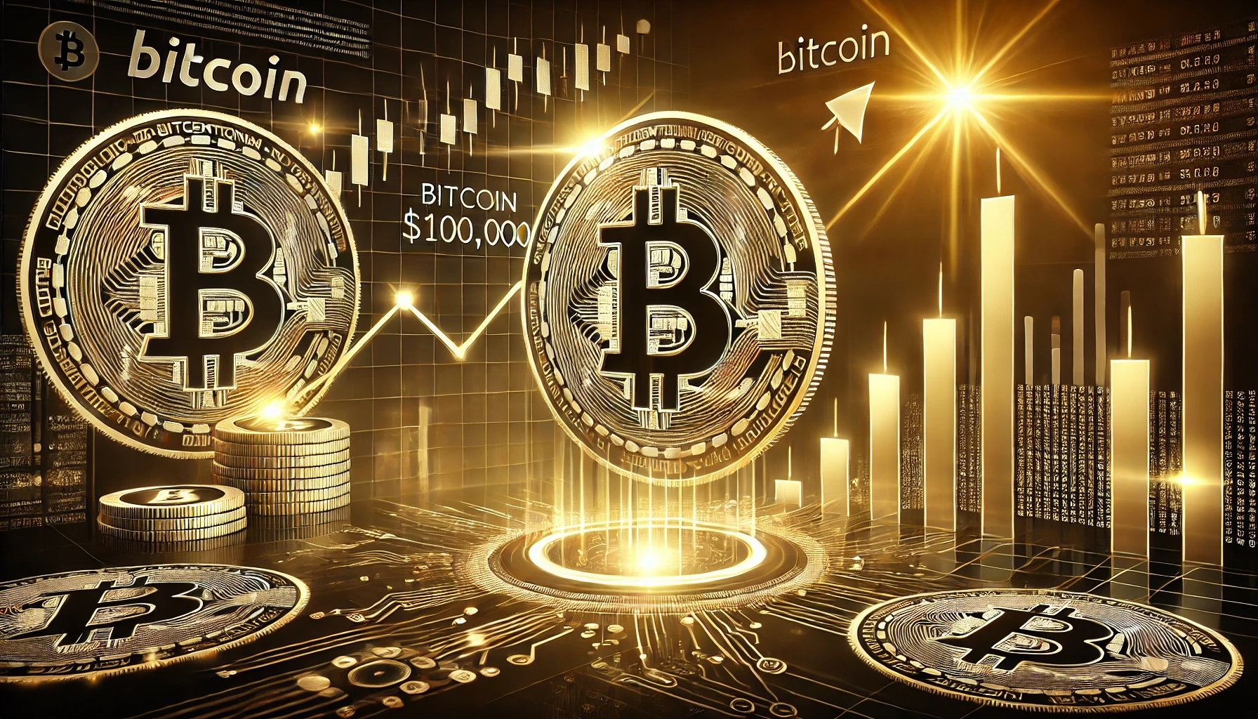 "صورة عريضة تحتفل بوصول قيمة البيتكوين إلى 100,000 دولار، مع شعار البيتكوين المضيء ورسوم بيانية صاعدة وخلفية رقمية تعكس التطور التكنولوجي