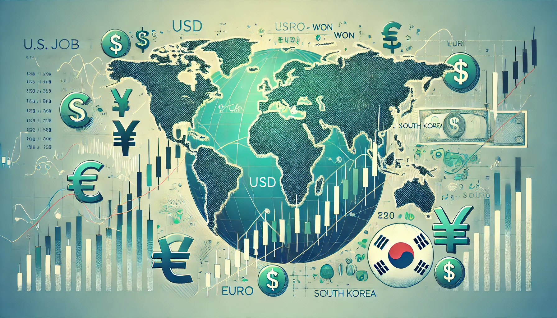 أسواق العملات في ترقب تقرير الوظائف الأمريكي، مع رموز العملات العالمية (الدولار، اليورو، الوون) ورسوم بيانية وخريطة عالمية تبرز الولايات المتحدة وكوريا الجنوبية وفرنسا