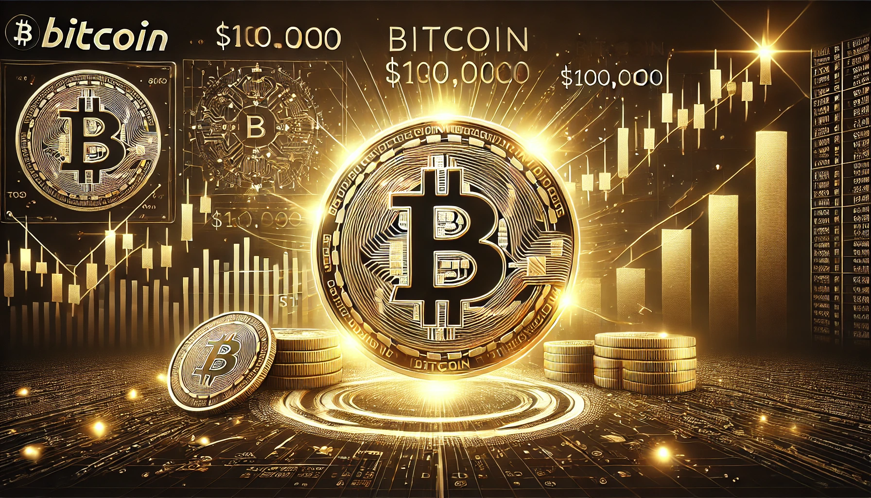 "صورة عريضة تحتفل بتجاوز قيمة بيتكوين 100,000 دولار، مع شعار بيتكوين مضيء وخلفية مستقبلية من أنماط بلوكتشين ورسوم بيانية صاعدة."
