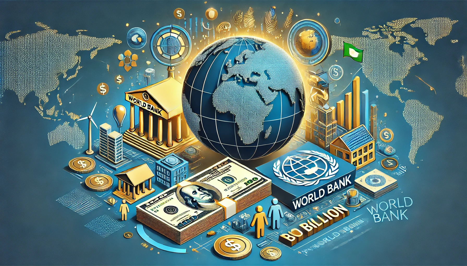 جهود البنك الدولي لتأمين 100 مليار دولار لدعم الدول منخفضة الدخل، مع رموز للمشاريع التنموية مثل المدارس والمستشفيات وخريطة تبرز إفريقيا وآسيا وأمريكا اللاتينية