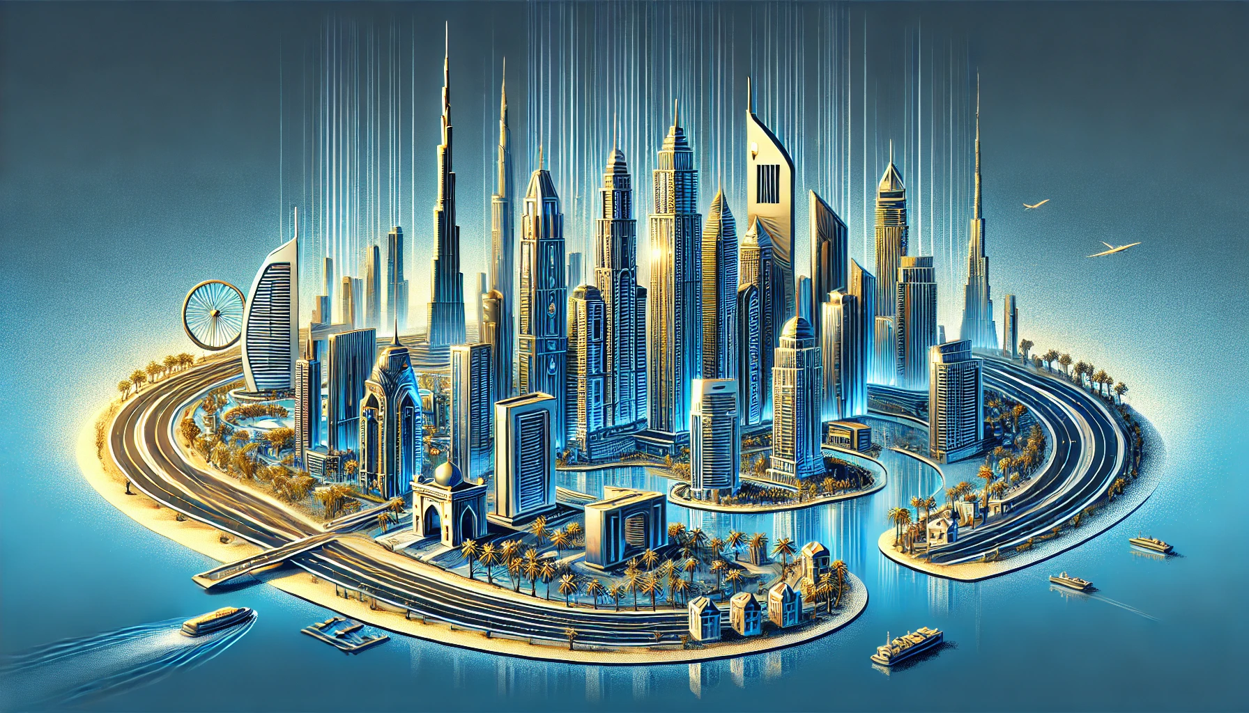 "صورة عريضة تعرض ريادة الإمارات في سوق العقارات الخليجي، مع معالم دبي مثل برج خليفة ونخلة جميرا ومشاريع عقارية فاخرة."