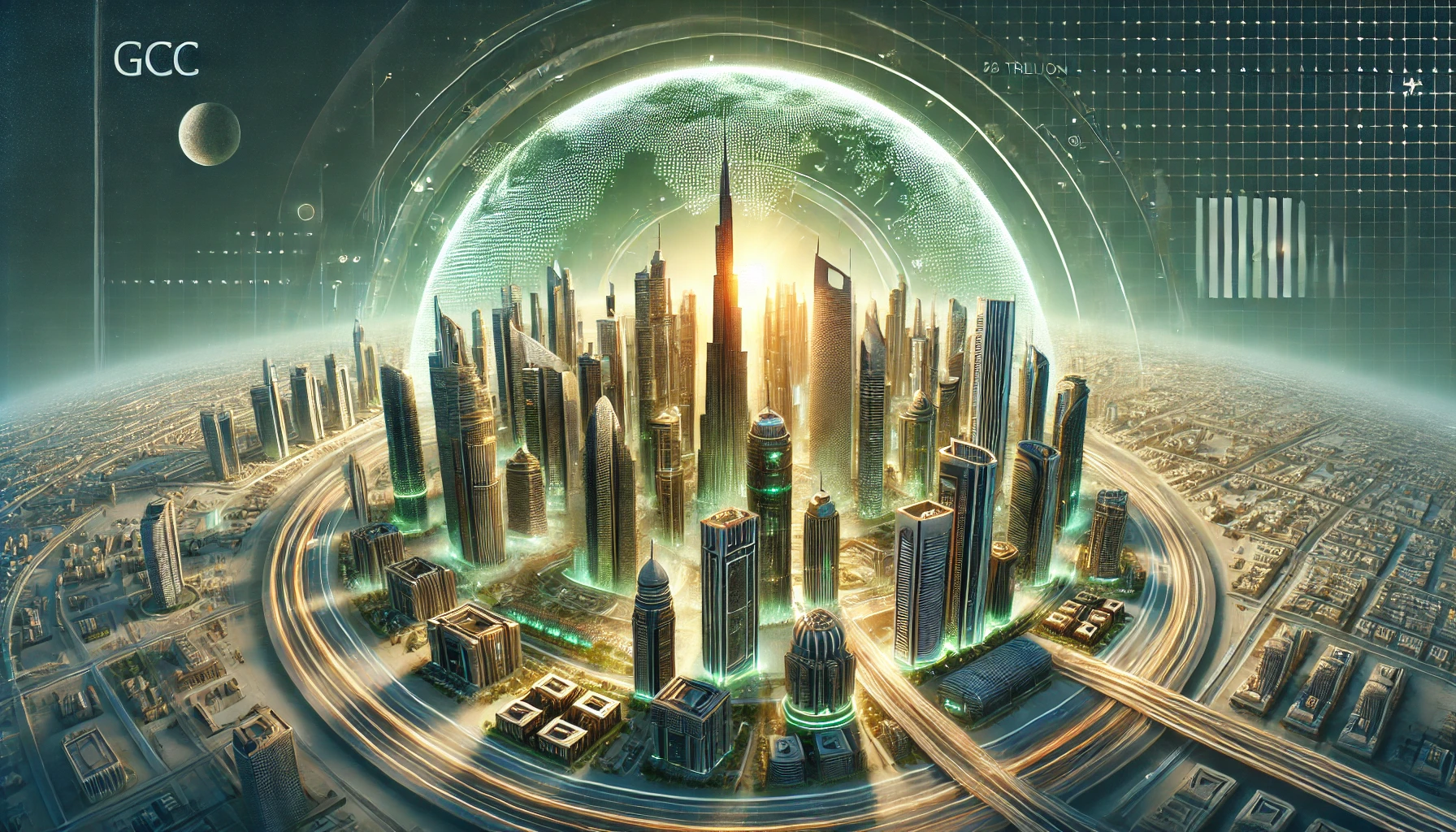 "صورة عريضة تعرض نمو سوق العقارات الخليجي المتوقع وصوله إلى 5 تريليونات دولار بحلول عام 2028، مع مشاهد لمدن مستقبلية ومشاريع سكنية حديثة."