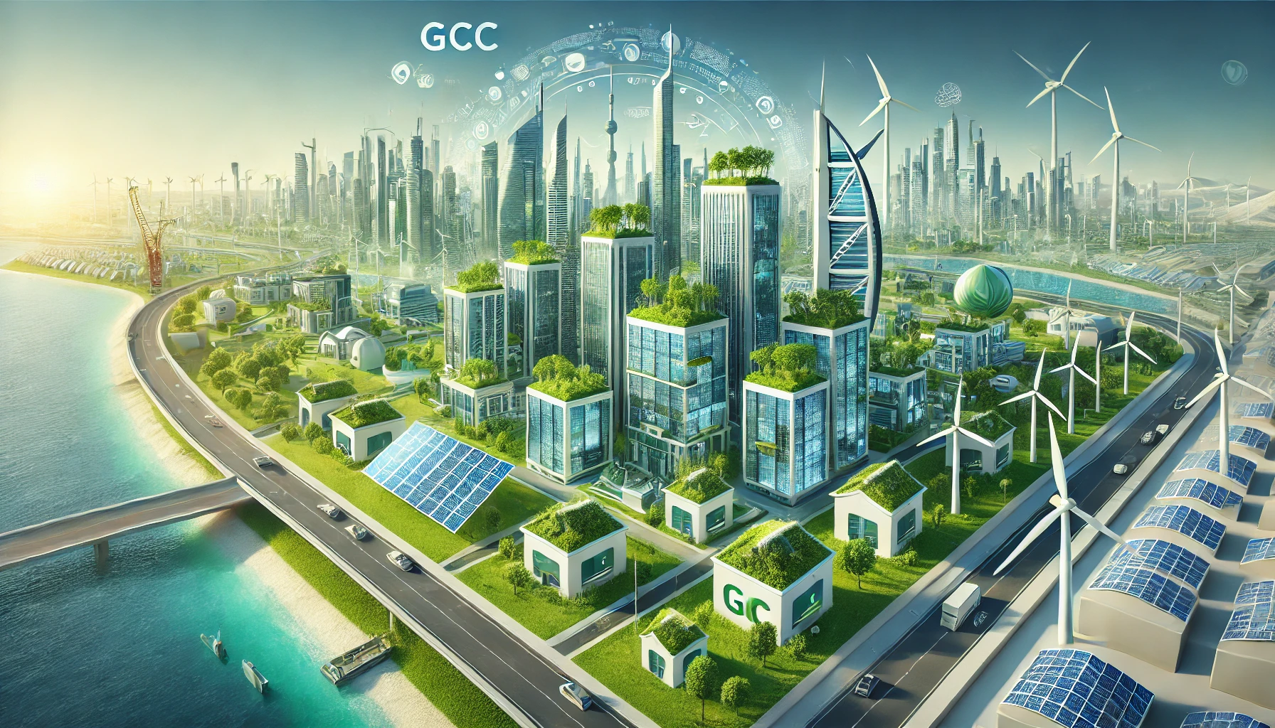 "صورة عريضة تعرض التنمية المستدامة في سوق العقارات الخليجي، مع مبانٍ صديقة للبيئة، ألواح شمسية، أسطح خضراء، وتوربينات رياح."