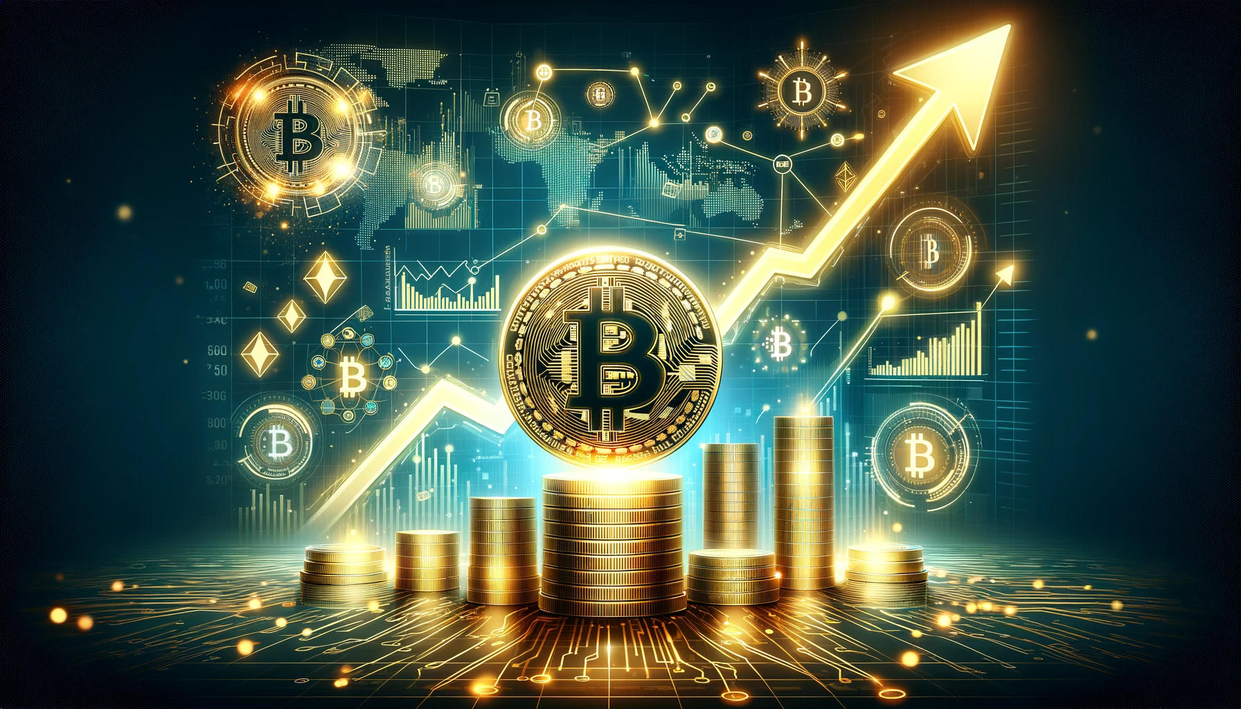 "صورة عريضة تحتفل بوصول البيتكوين إلى 100,000 دولار، مع شعار بيتكوين مضيء ورسوم بيانية صاعدة وخلفية مستقبلية تعكس تقنية البلوكشين."