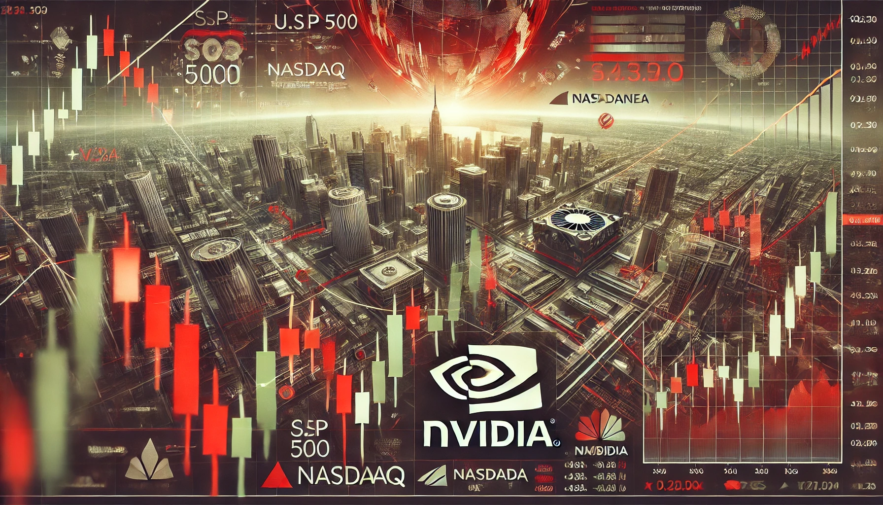 "صورة عريضة تعكس تراجع مؤشرات الأسهم الأمريكية، مع رسوم بيانية هابطة وشعار Nvidia في الخلفية."