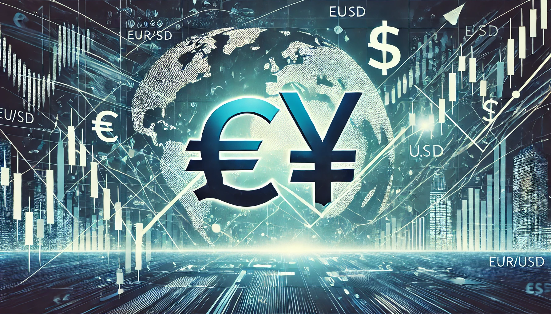 "صورة عريضة توضح تحركات زوج EUR/USD في سوق الفوركس، مع رموز اليورو والدولار ورسوم بيانية ديناميكية."