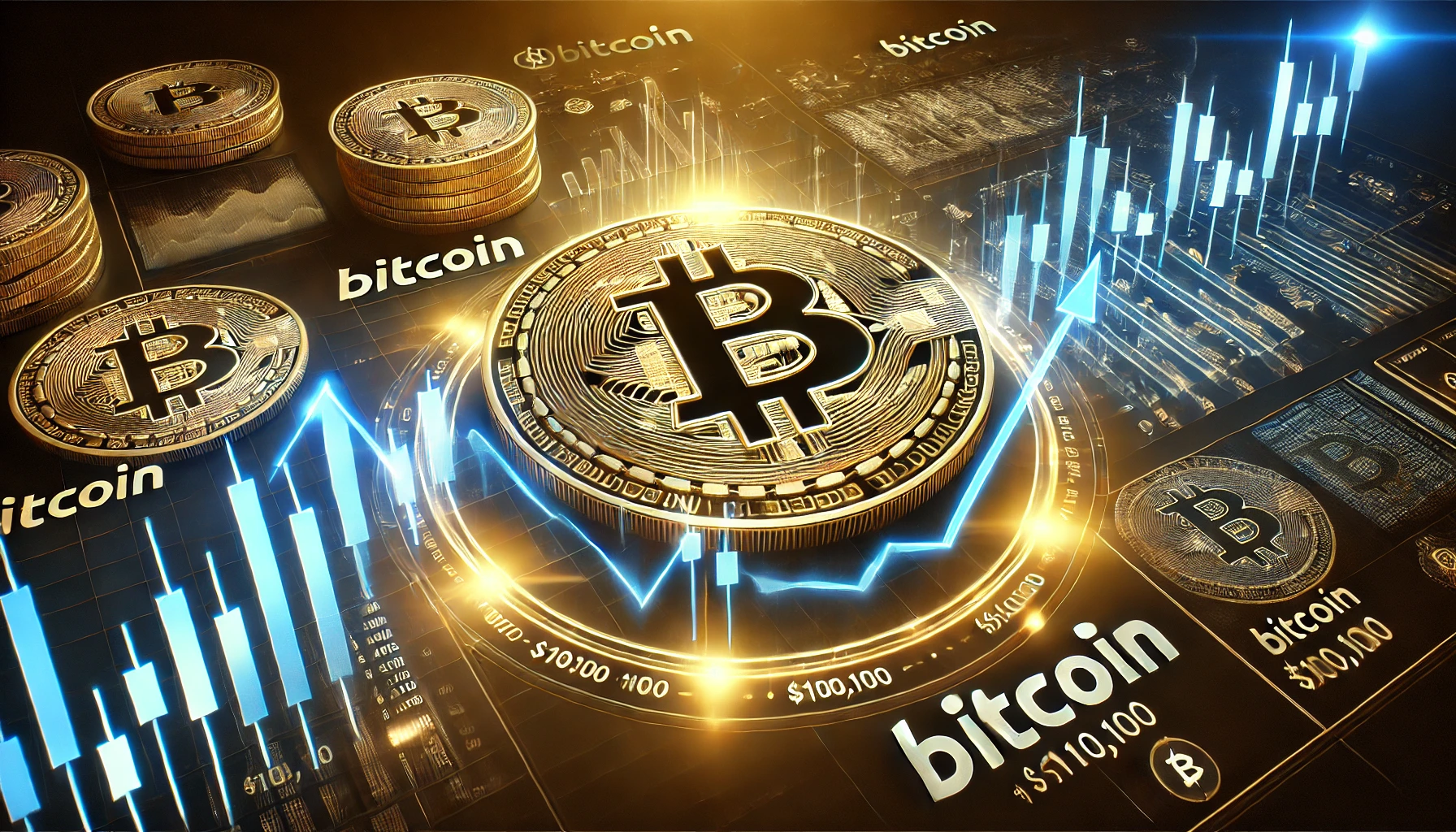 "صورة عريضة توضح تقلبات سعر البيتكوين، مع رسوم بيانية تعكس ارتفاعه إلى 104,100 دولار ثم تراجعه إلى ما دون 100,000 دولار."