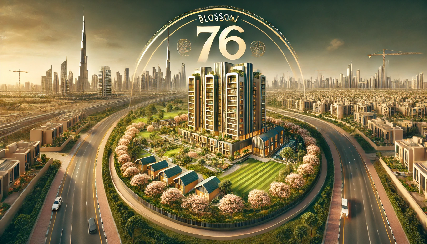"صورة عريضة لمشروع Blossom76 الفاخر من شركة Tranquil Infra Developers في JVC دبي، مع تصميم حديث ومرافق عائلية."
