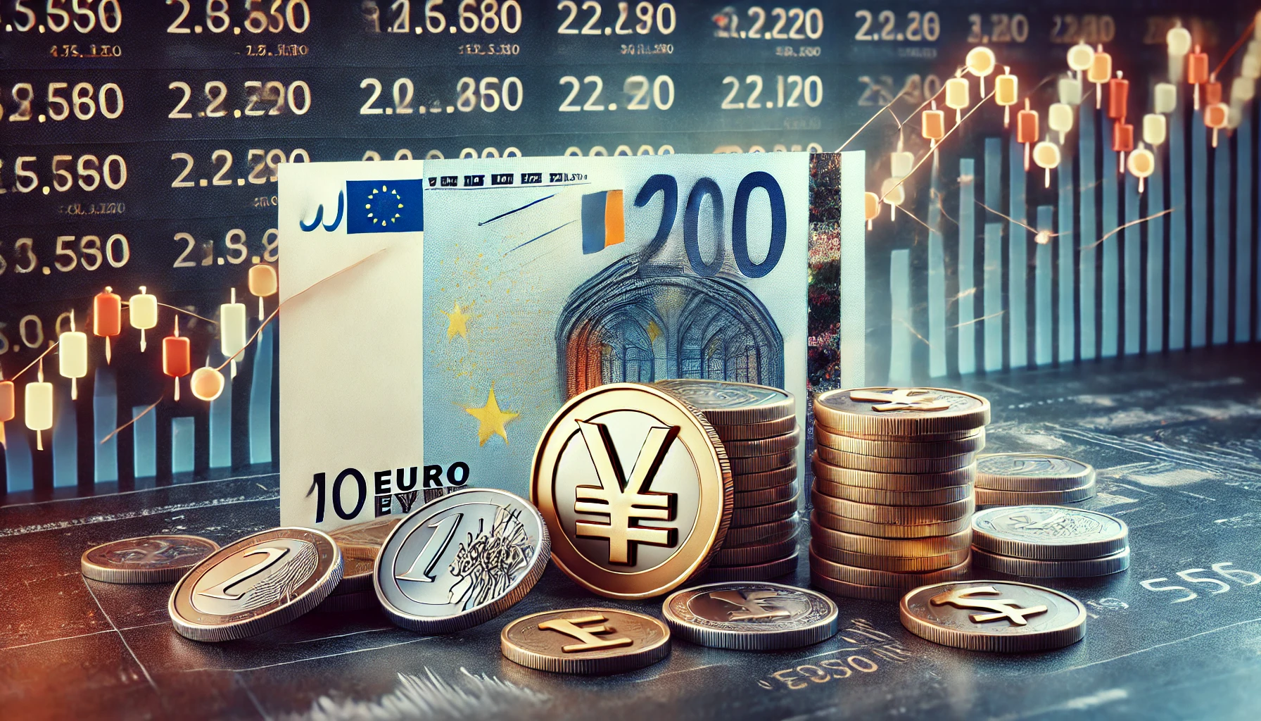 "صورة واقعية توضح استقرار اليورو والين في سوق الفوركس، مع رموز العملات وأوراق نقدية ورسوم بيانية مستقرة."