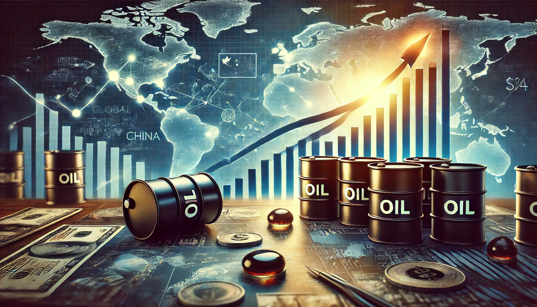 ارتفاع أسعار النفط مع براميل النفط ورسوم بيانية تعبر عن الاتجاه الصاعد