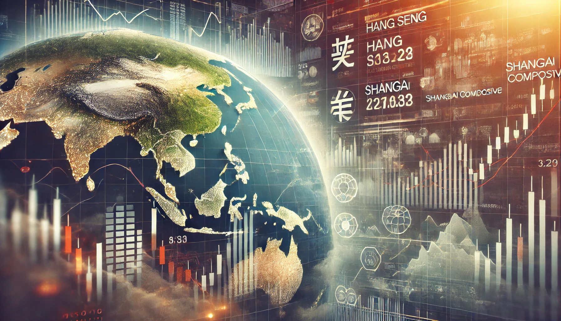 أداء متباين لأسواق الأسهم الآسيوية مع مؤشرات هانغ سنغ وشنغهاي ورسوم بيانية توضح الاتجاهات الصاعدة والهابطة