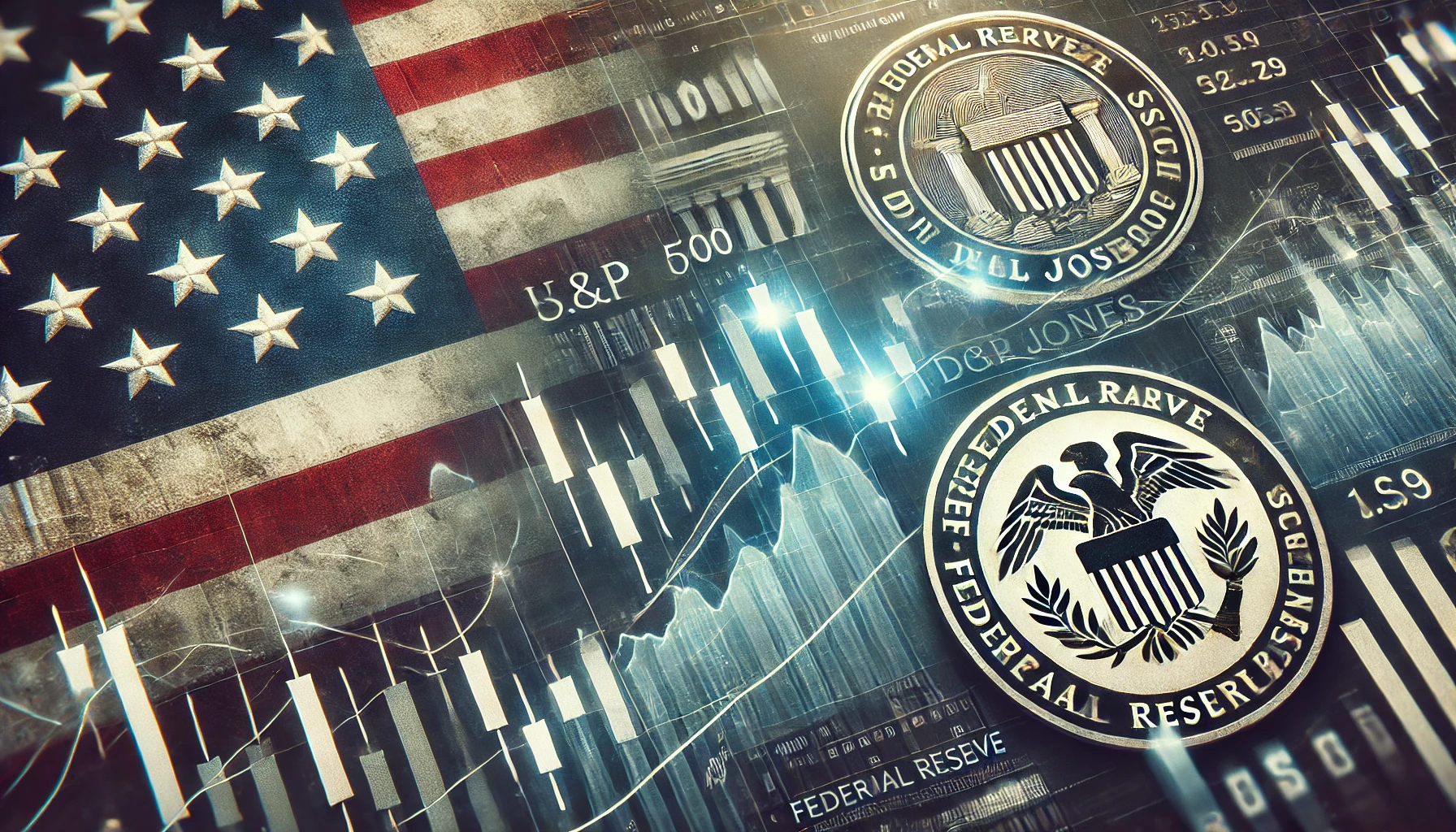 تراجعًا طفيفًا في مؤشرات الأسهم الأمريكية مع رسوم بيانية هابطة وعناصر تشير إلى تأثير الاحتياطي الفيدرالي