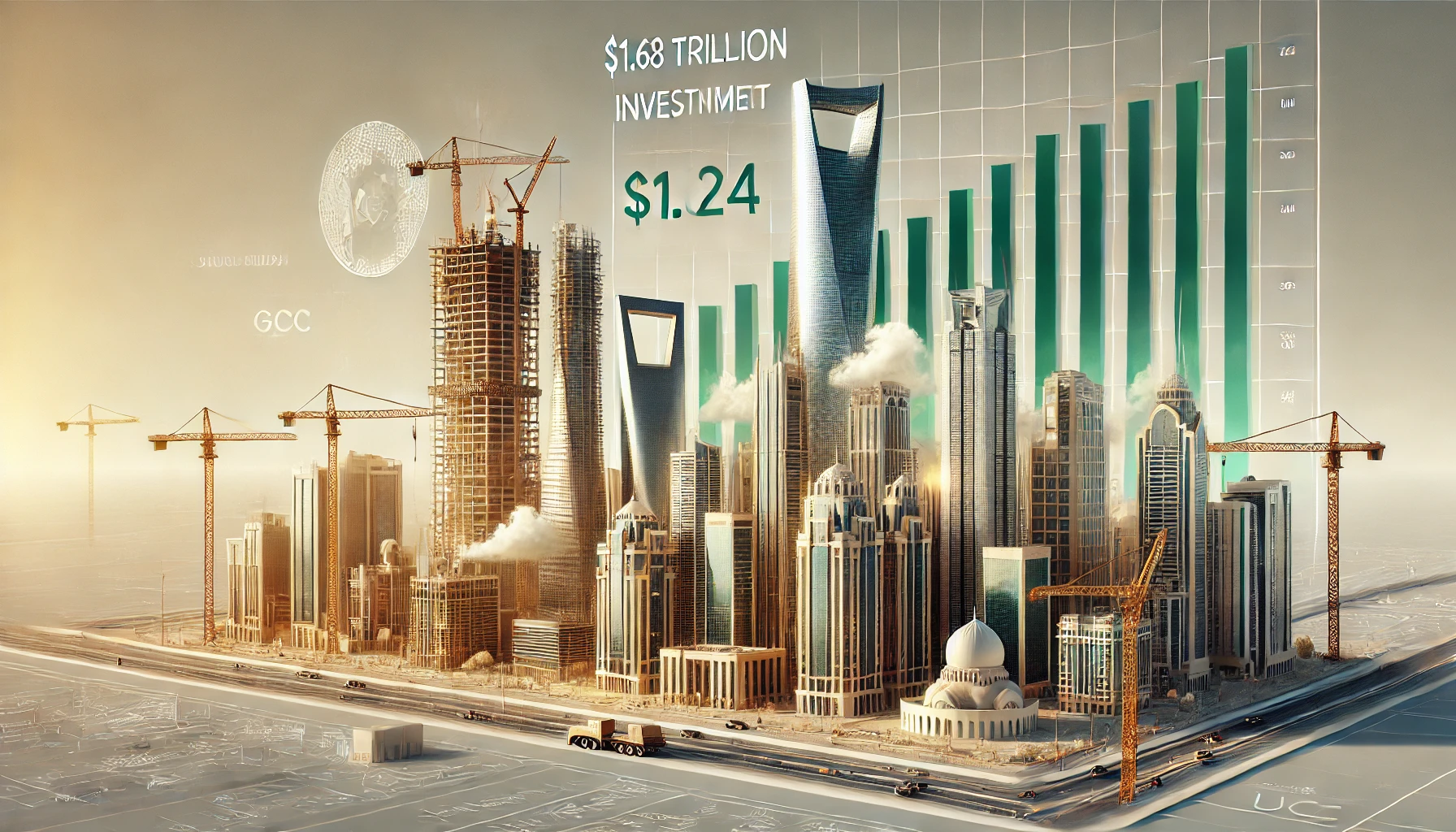 "صورة واقعية تعكس نمو القطاع العقاري في الخليج خلال 2024 مع أبراج مميزة في السعودية والإمارات ورسوماً بيانية تمثل استثمارات بقيمة 1.68 تريليون دولار."