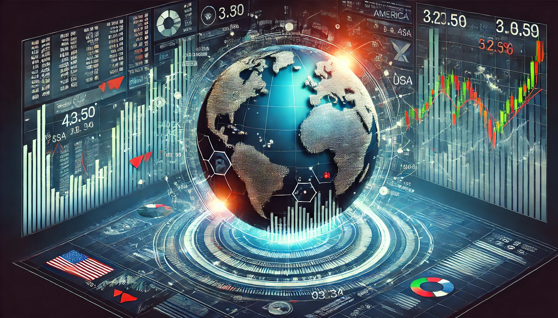 الأسواق العالمية مع الكرة الأرضية ورسوم بيانية تمثل الأداء المالي للمؤشرات العالمية