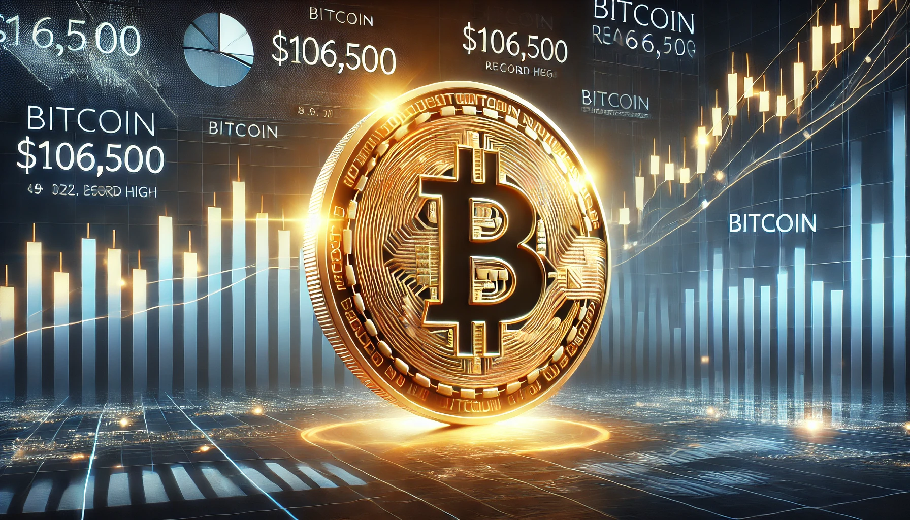 بيتكوين تسجل مستوى قياسيًا جديدًا مع رمز بيتكوين متوهج ورسوم بيانية توضح ارتفاع الأسعار