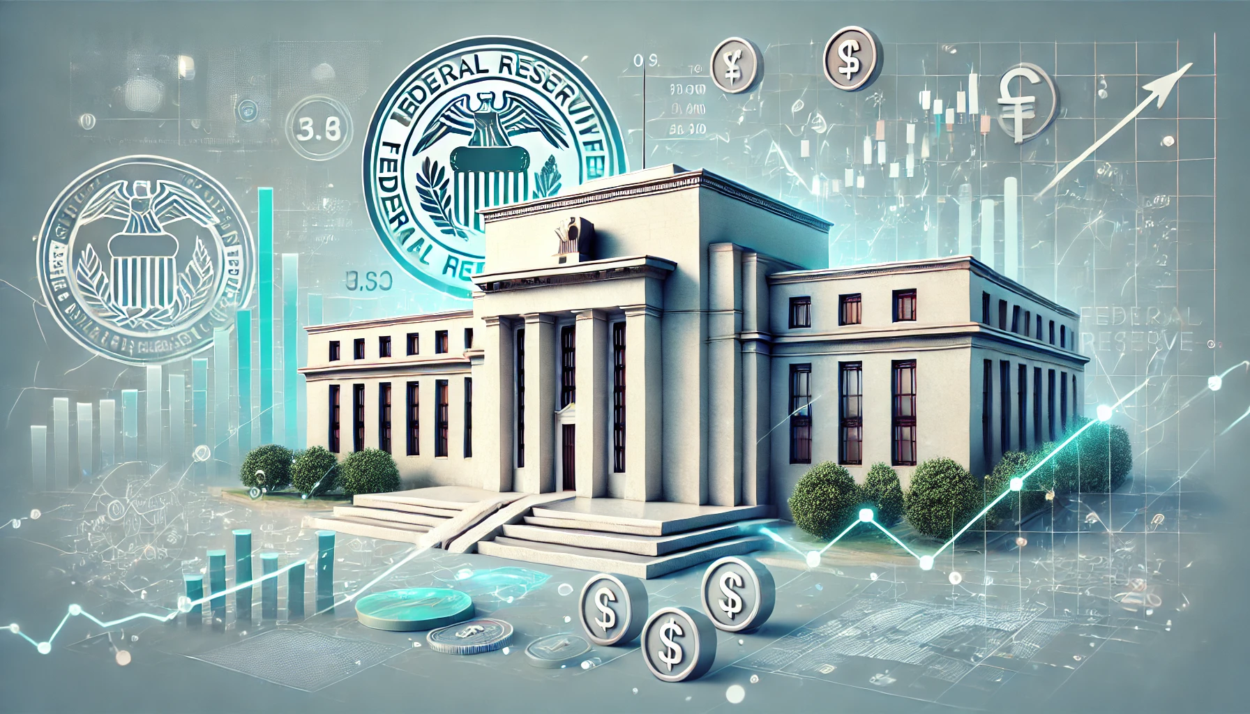 اجتماع الاحتياطي الفيدرالي مع رسوم بيانية تظهر تغييرات الفائدة ورموز الأسهم والعملات
