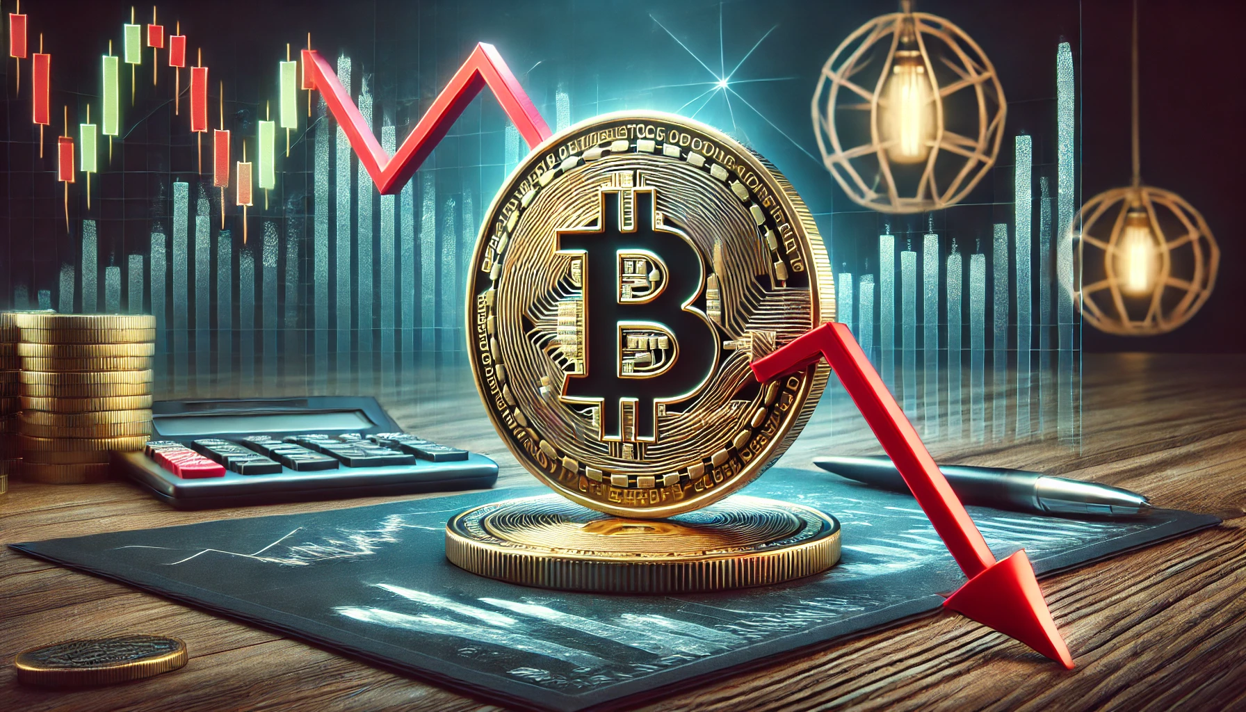 "صورة توضح استمرار خسائر البيتكوين مع رسوم بيانية هابطة وشعار العملة الرقمية."
