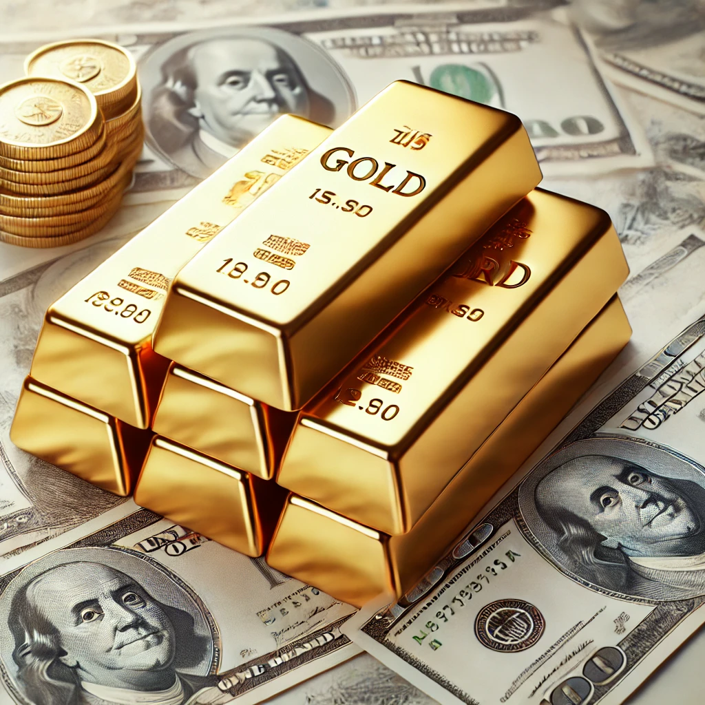 سبائك ذهبية موضوعة فوق أوراق نقدية من الدولار الأمريكي، ترمز إلى القيمة المالية وقوة السوق.
