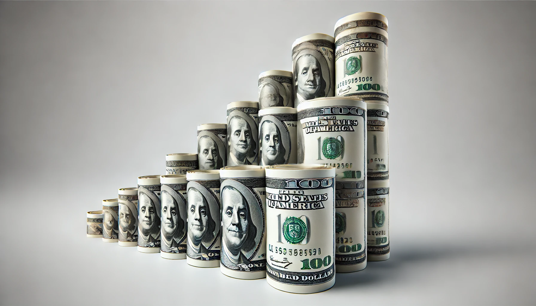 Image showcasing rolled-up US dollar bills of varying denominations, arranged in ascending order on a clean white background, symbolizing the strength and value of the US currency.