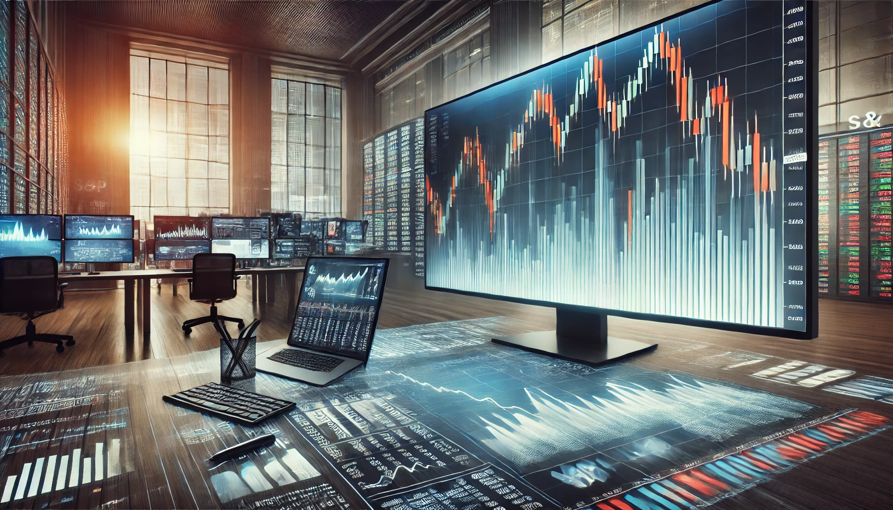 A realistic image of the stock market showing the S&P 500 index in decline with financial data graphs and trading desks in the background