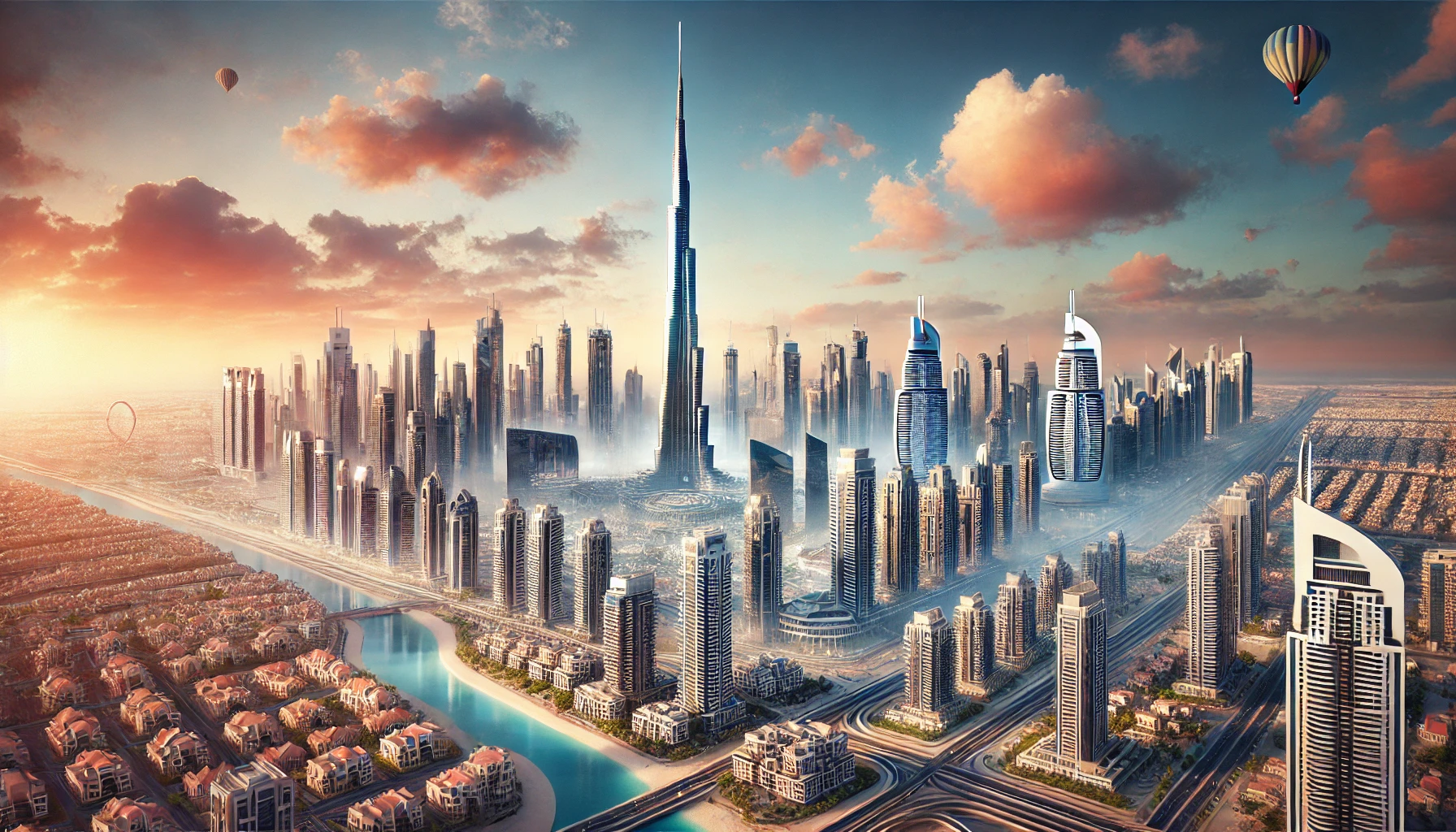 صورة واقعية تعرض أفق دبي العقاري الفاخر، بما في ذلك برج خليفة ومجمعات سكنية حديثة، مما يعكس التطور الحضري والنمو العقاري في دبي.