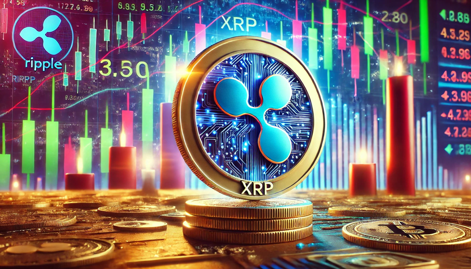 صورة تعرض شعار عملة ريبل (XRP) الرقمية بشكل بارز مع خلفية تحتوي على رسوم بيانية مالية تشير إلى النمو وعودة شهية المخاطرة في سوق العملات الرقمية.