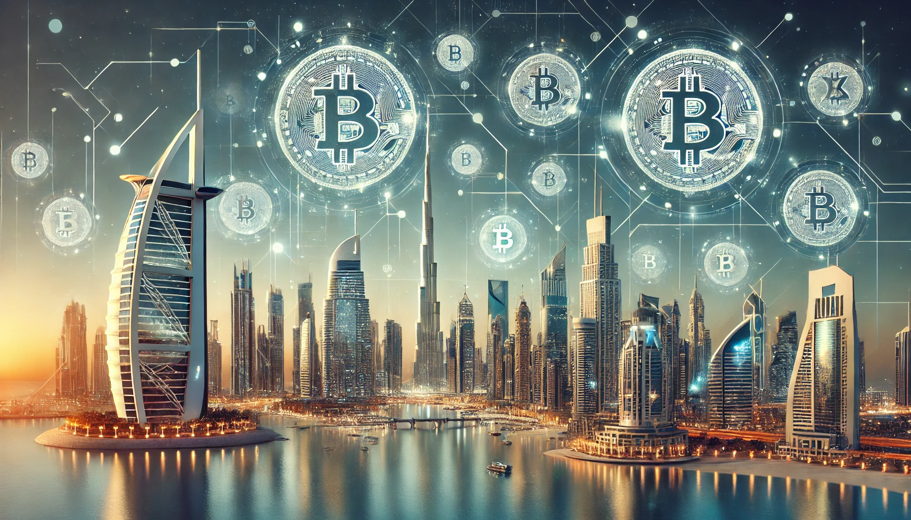 صورة تعرض أفق الإمارات مع معالم بارزة مثل برج خليفة ورموز العملات الرقمية العائمة، مما يعكس توسع شركات الكريبتو في الإمارات ودورها في الابتكار التكنولوجي.